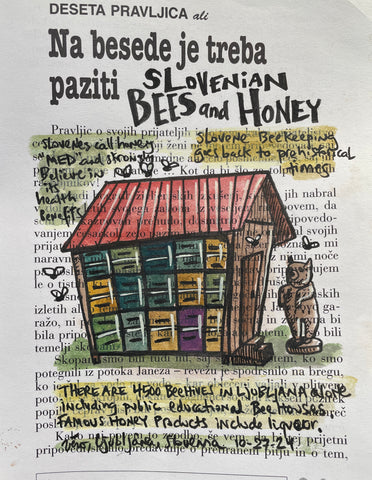 Slovenian bees and honey - original drawing.